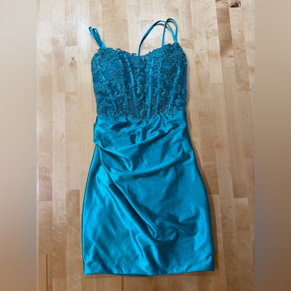 Stacees Corset Top Teal Embellished Open Back Mini Dress - Picture 3 of 6